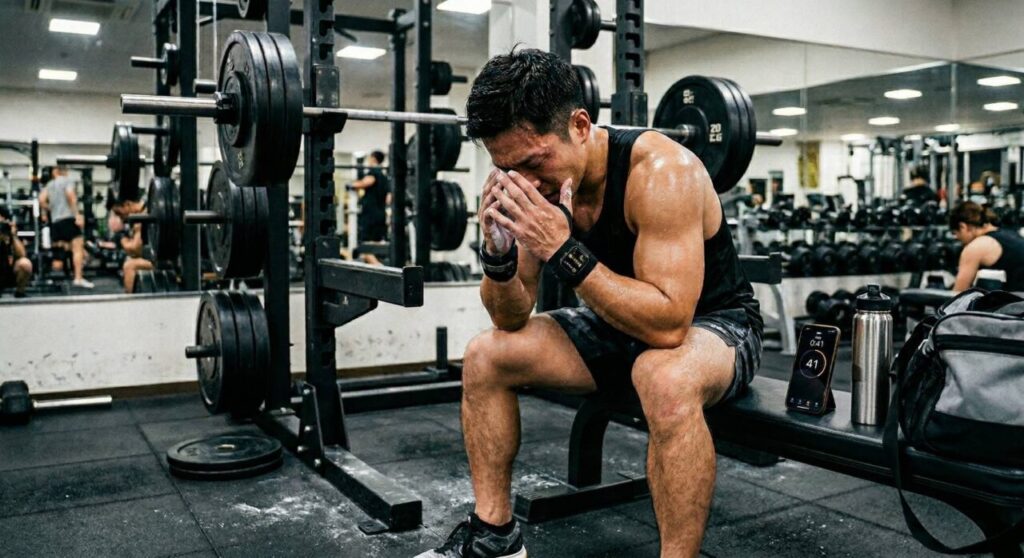 タイマーで時間を管理し短時間で集中して筋トレをする様子