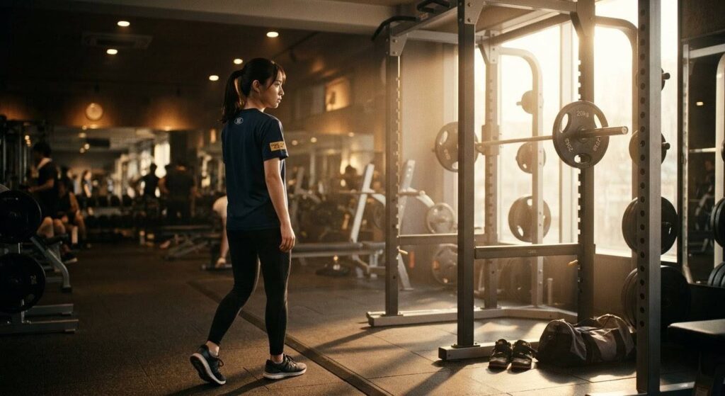 筋トレの王様スクワットに挑戦する前の、自信に満ちた日本人女性がスクワットラックに向かう様子。