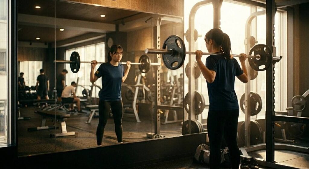 ジムの鏡の前で、自分のスクワットのフォームが正しいか真剣にチェックしている日本人女性