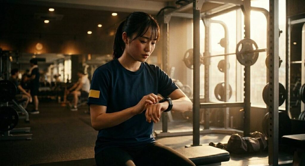 スクワット完了後に、スマートウォッチで自分のトレーニングデータを確認する女性。