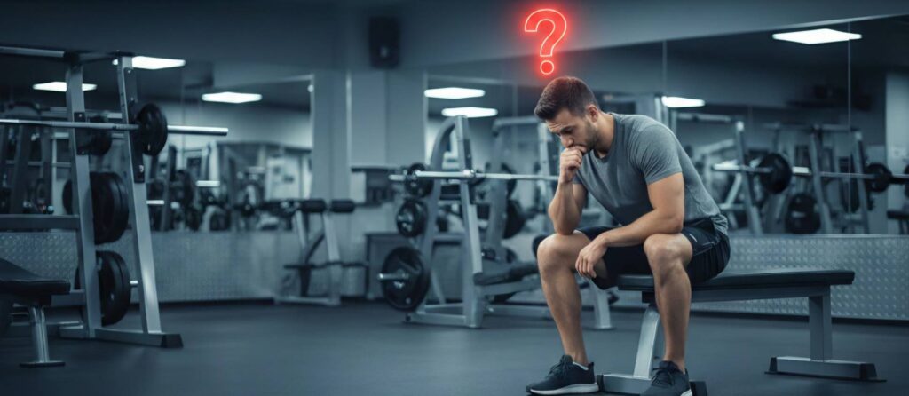 ジムで悩んでいる男性