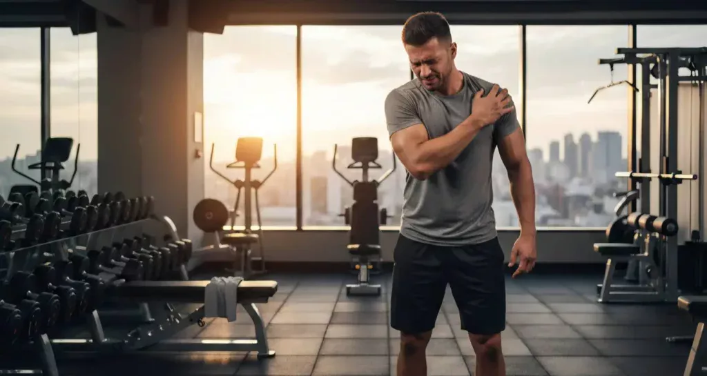 ジムで肩を痛そうにしている男性