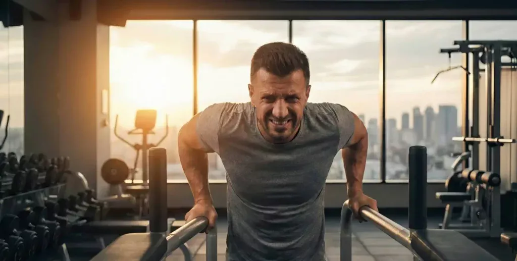 ジムでディップスをしている男性