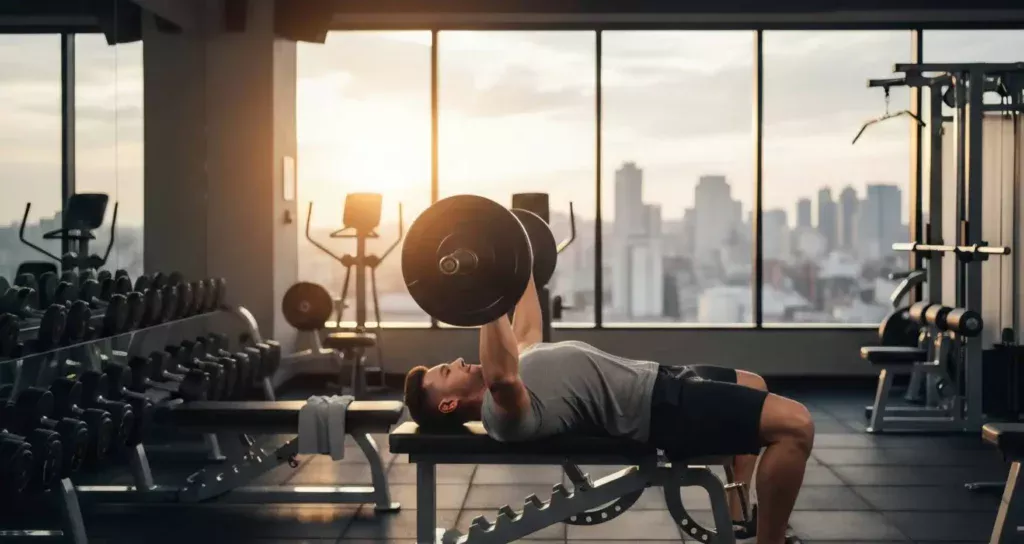 ジムでベンチプレスをしている男性