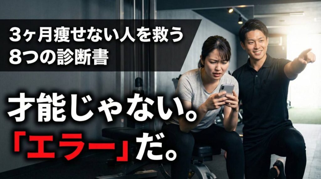 ジムでスマホを見ながら体重が減らずに落ち込む女性と、それを笑顔で励まし解決策の方向を指し示す男性トレーナーのアイキャッチ画像。画像内の文字：「3ヶ月痩せない人を救う 8つの診断書」「才能じゃない。「エラー」だ。」