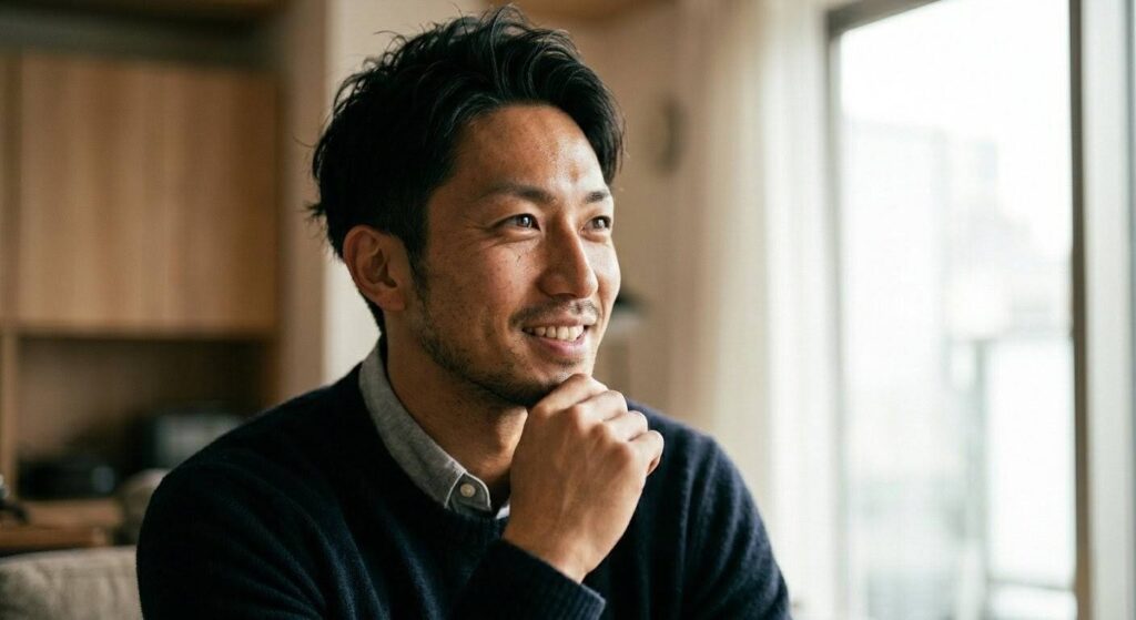 何かひらめいたような前向きな表情の日本人男性