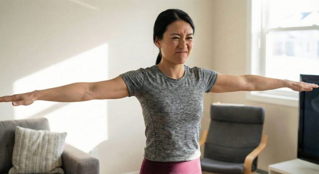 自宅のリビングルームで、苦しそうな表情を浮かべながら両腕を横に水平に広げるエクササイズ（サイドレイズ）をしているアジア系女性。