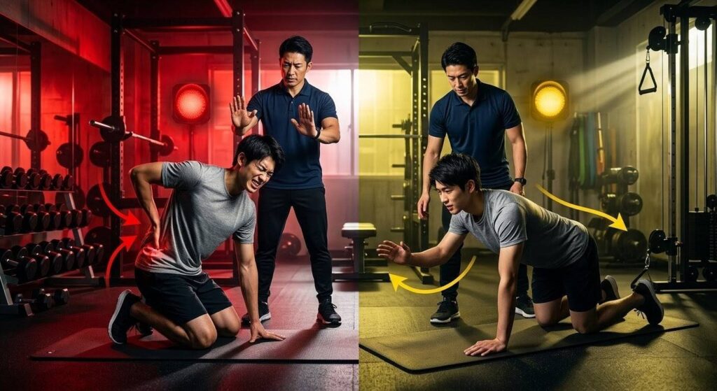 腰痛がある人の筋トレ判断基準を解説するセクションの画像。信号機をイメージした赤信号と黄信号の対比で、痛みやしびれがある場合の「中止(赤)」と、違和感はあるが動かせる場合の「注意して継続(黄)」を表現。パーソナルトレーナーがクライアントの腰の状態を確認し、判断している。