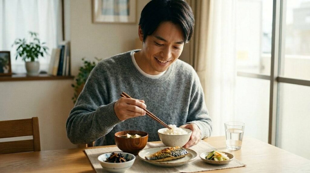 バランスの取れた定食（タンパク質豊富）を食べようとして微笑む日本人男性。