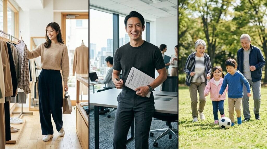 夢を叶えた日本人たちの3分割画面。左：自分が着たい洋服を着て微笑む女性、中：自信を持ち営業成績を上げた男性、右：子供や孫と全力で遊び遊び続けたい高齢夫婦。