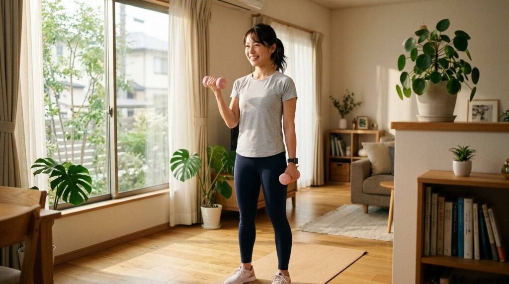 自宅で1kgの軽いダンベルを使って無理なく筋トレを始める初心者の日本人女性