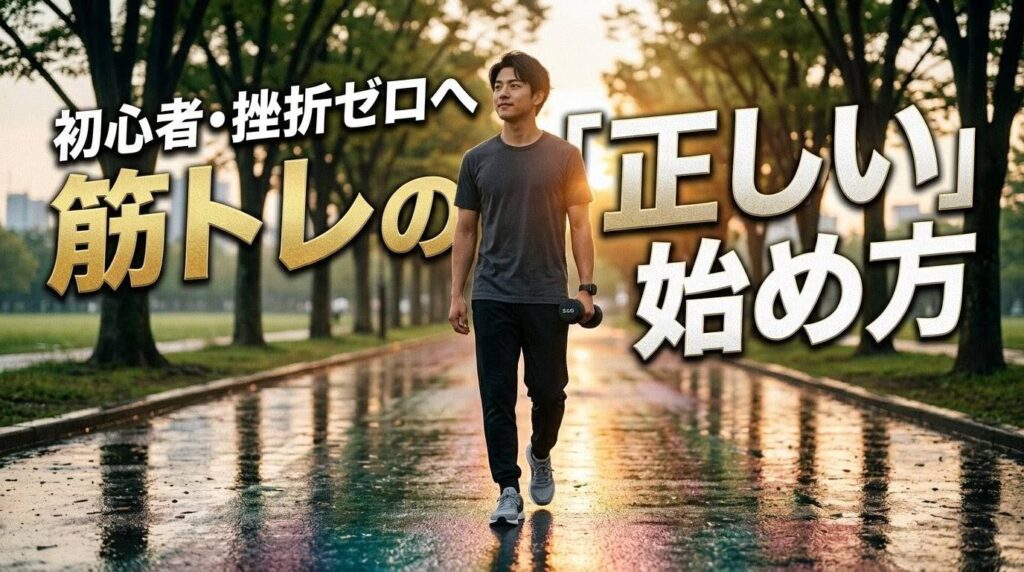 夕暮れの公園で踏み出そうとする cinematic なアイキャッチ画像。文字挿入：初心者・挫折ゼロへ 筋トレの「正しい」始め方