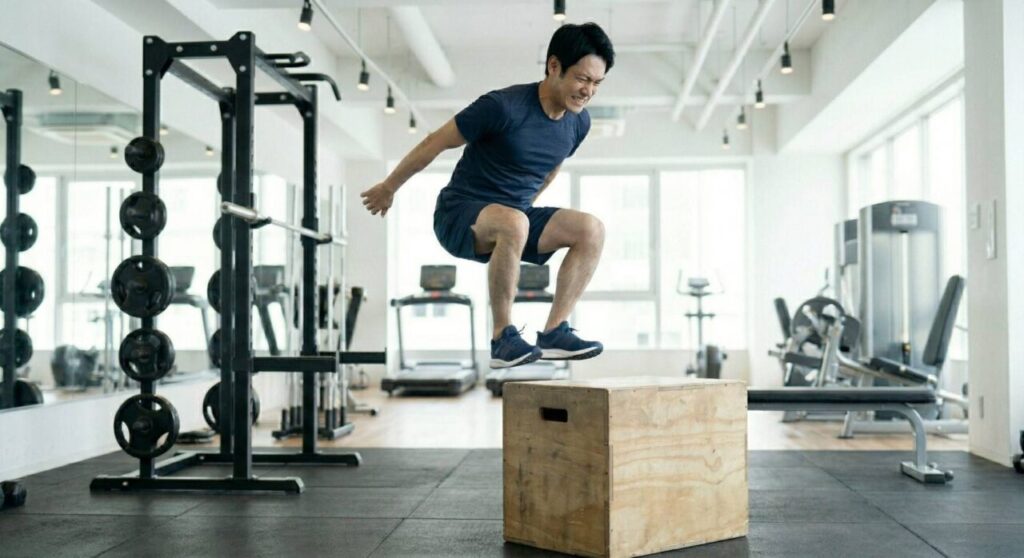 膝が痛い男性が、ボックスジャンプの着地の瞬間に衝撃を筋肉で吸収できず、膝が内側に入り（ニーイン）、関節に負担がかかっているNGフォームの画像。