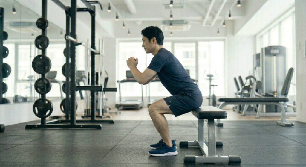後ろに置いたベンチに軽くタッチするボックススクワットで、膝を出さずにお尻を引く安全なフォームの男性の画像