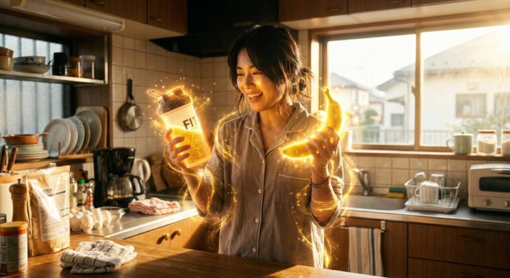 朝のキッチンで、面倒な朝食（プロテインとバナナ）が黄金色の光を放ち、女性にエネルギーを与えている様子。