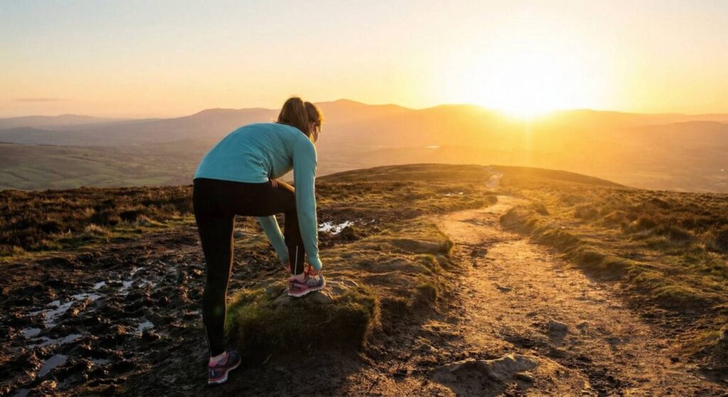 ぬかるんだ道で靴紐を結び直し、輝く朝日に向かって続く一本道へと踏み出そうとする女性。言い訳を捨てて行動する決意を表現した画像。