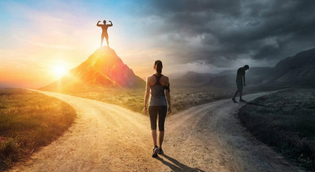 岐路に立ち、筋トレで成功した明るい未来と、挫折した暗い未来のどちらに進むか選択している女性の画像。