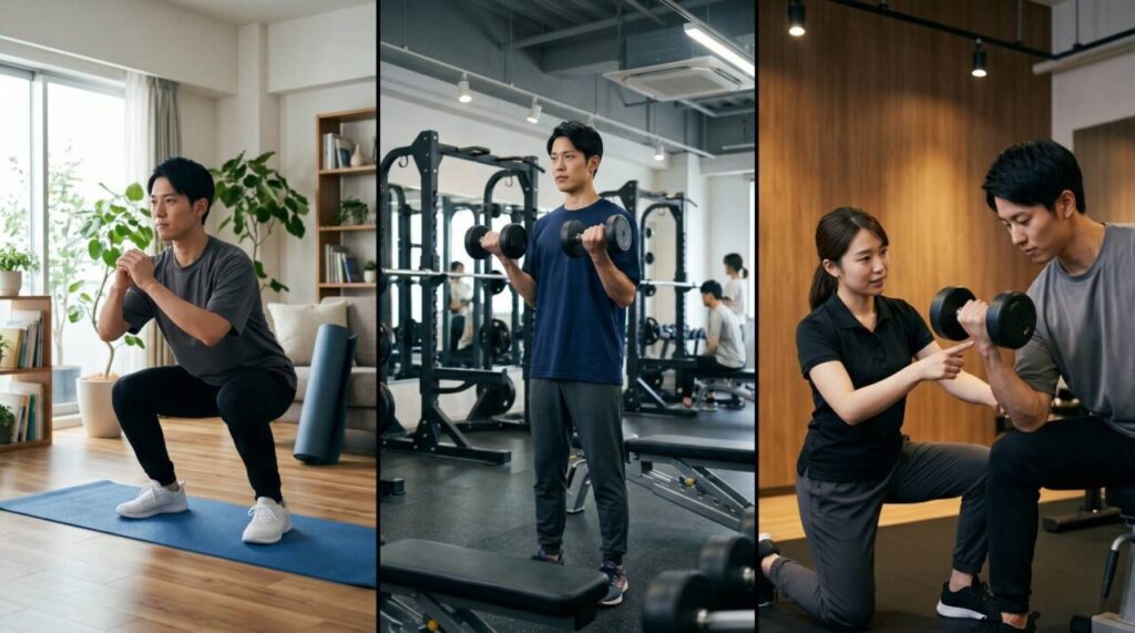 「家トレ」「ジム」「パーソナルジム」の3分割画面。各環境で日本人男性が異なるトレーニングをしている様子。