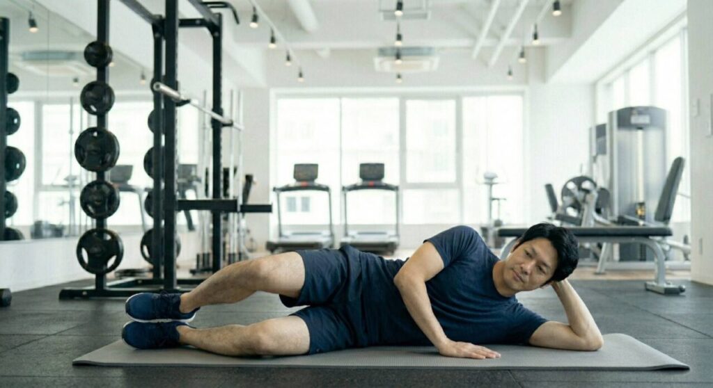 横向きに寝て骨盤を固定したままクラムシェルを行い、膝のブレを防ぐお尻の横の筋肉を鍛える男性の画像