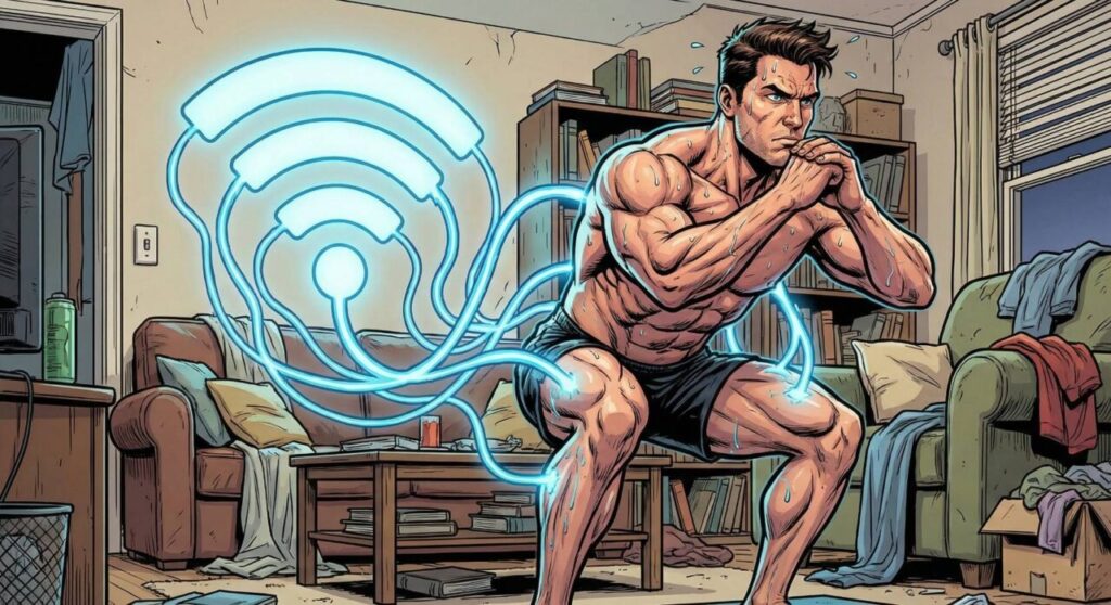 アメコミ風のイラスト。散らかった狭い部屋で、汗をかきながら必死の形相でスクワットをする筋肉質の男性。背後にある巨大な青く光るWi-Fiマークから、エネルギーのケーブルが彼の筋肉に直接繋がっている。