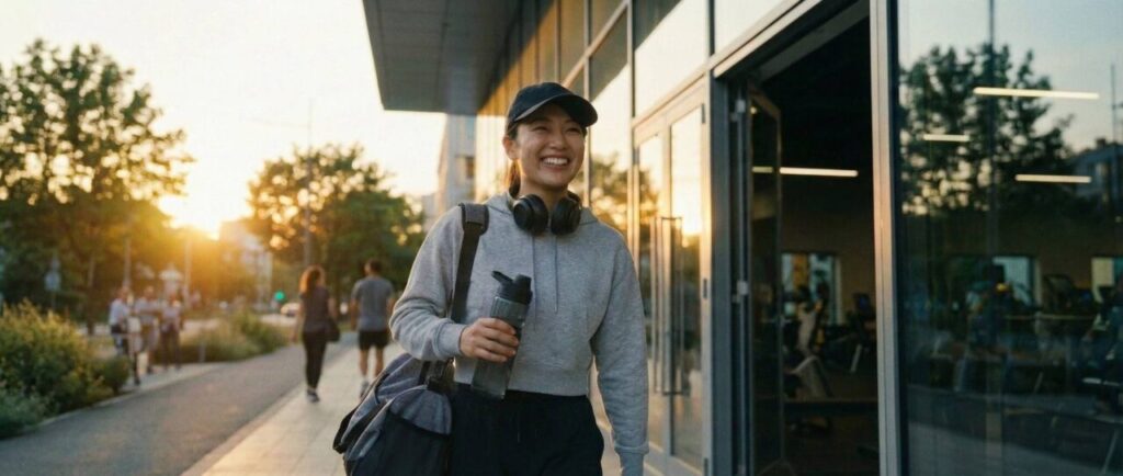 トレーニングを終え、自信に満ちた笑顔でジムを出る日本人女性