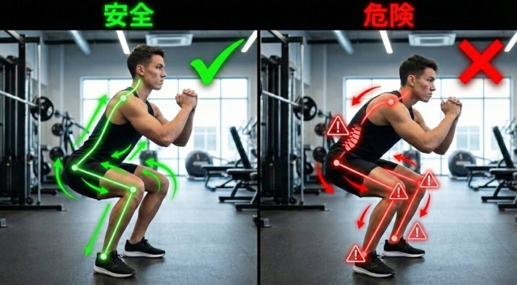 スクワットの正しいフォーム（安全・効果的）と間違ったフォーム（危険・怪我のリスク）の比較図解。
