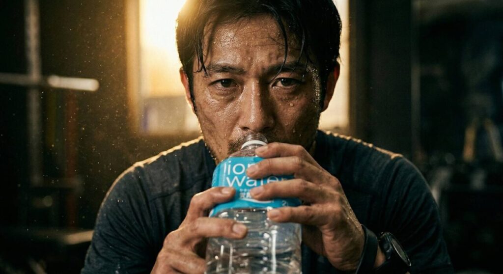 夜のジムで、残り少ない2リットルのペットボトルを焦りと渇望の表情で見つめる疲れた男性。