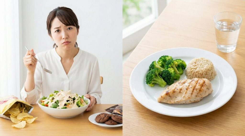 ヘルシーだと思って食べている食事が実は高カロリーだったり、タンパク質が不足していたりするイメージ