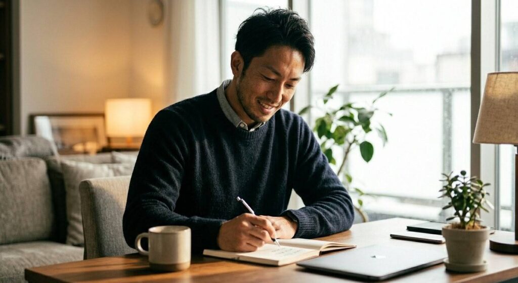 ノートに自分の夢や目標を書き出している日本人男性