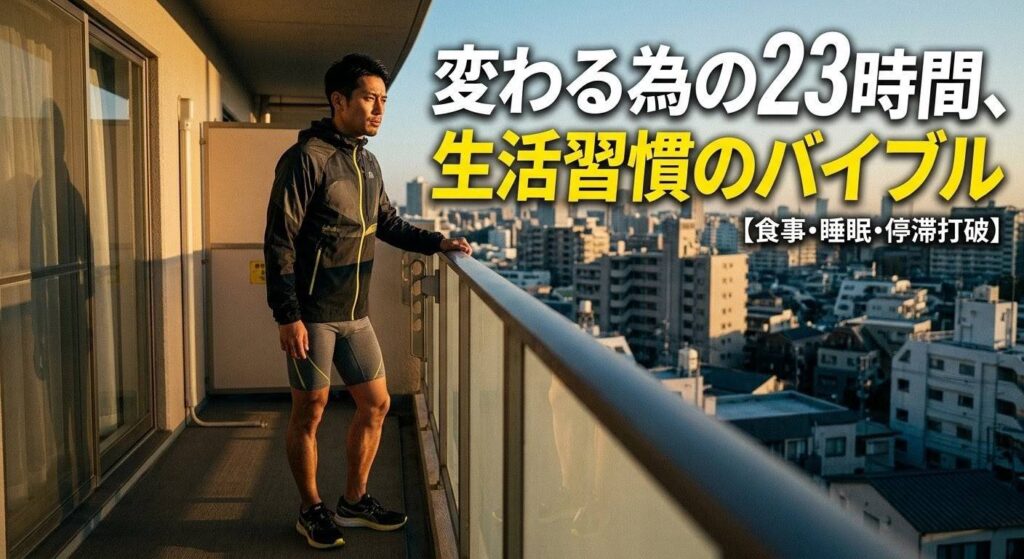 筋トレ効果を最大化する23時間の生活習慣を解説する、映画のワンシーンのようなドラマチックなアイキャッチ画像。キャッチコピー「鏡が変わる。残りの23時間、生活習慣のバイブル」付き。
