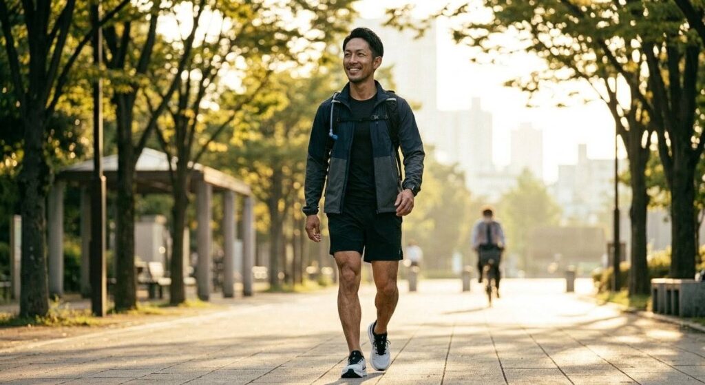 晴れやかな表情でジムから歩き出す日本人男性