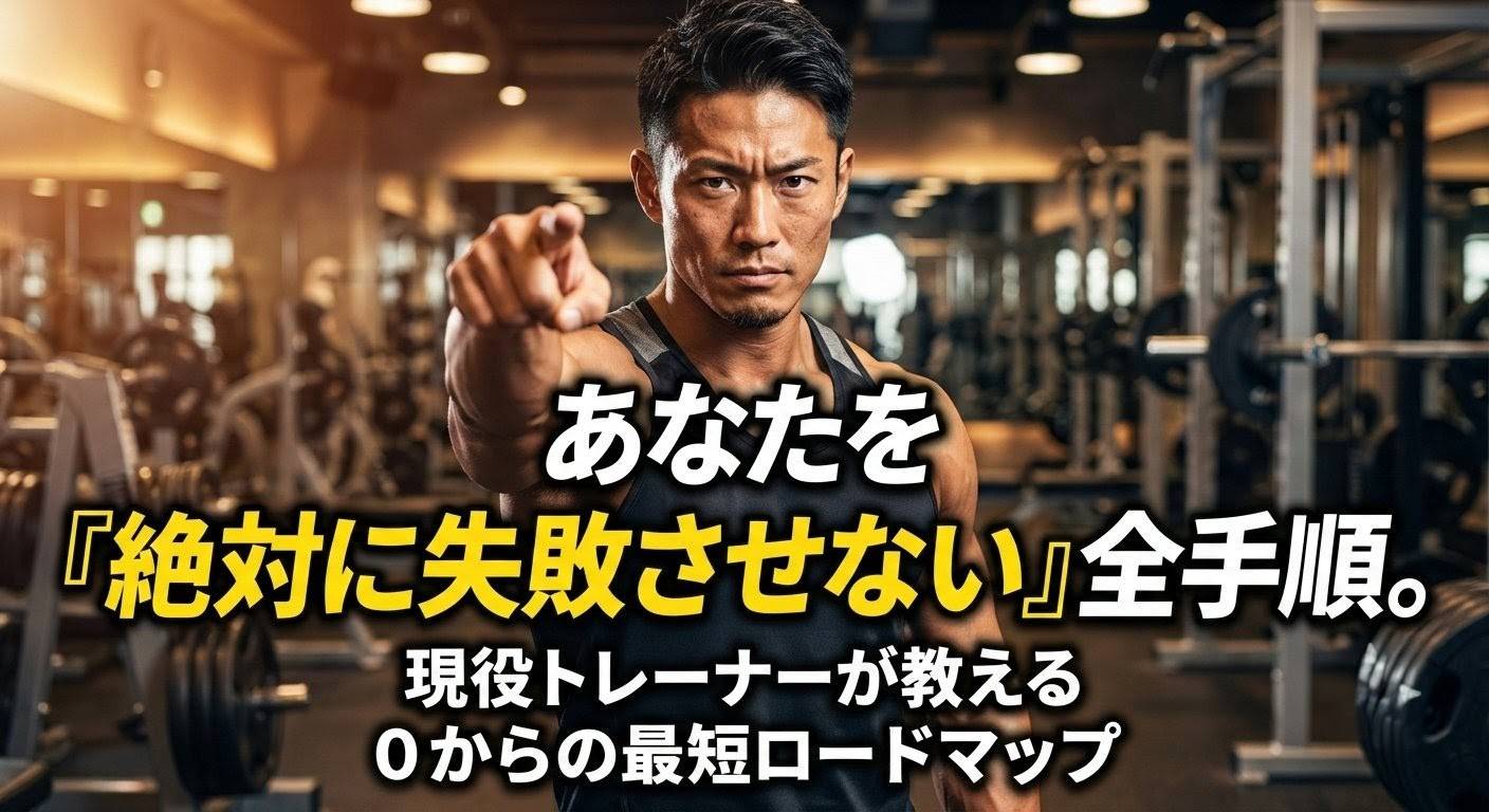 真剣な表情でこちらを指差す現役トレーナー。背景はプロ仕様のジム。筋トレ初心者が絶対に失敗しないための最短ロードマップを解説する記事のアイキャッチ画像