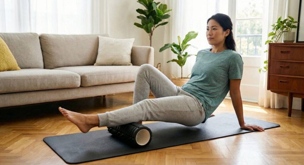 自宅でフォームローラーを使って筋膜リリースをする様子