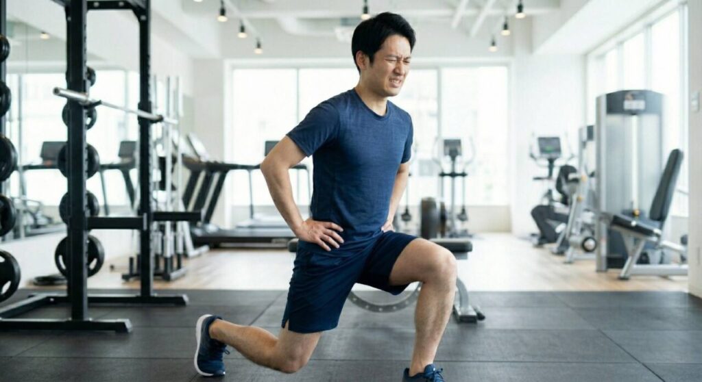 膝が痛い男性が、大きく一歩踏み込んだ際に前足の膝が鋭角に深く曲がり、つま先よりかなり前に出ている、前ももと膝だけで体重を受け止めているNGフォームの画像。