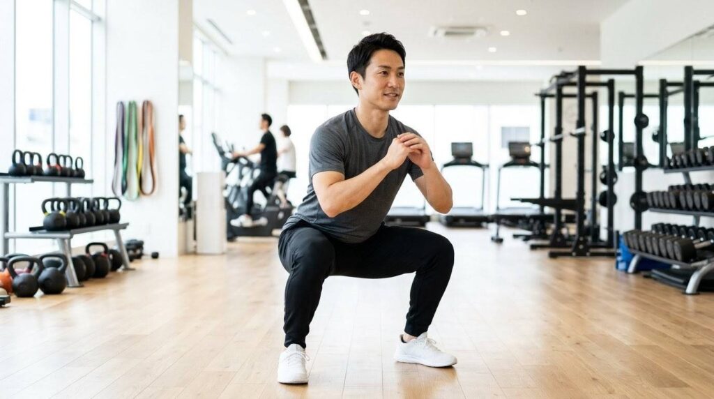 清潔感のあるジムで、全身トレーニングの基本であるスクワットを行う日本人男性