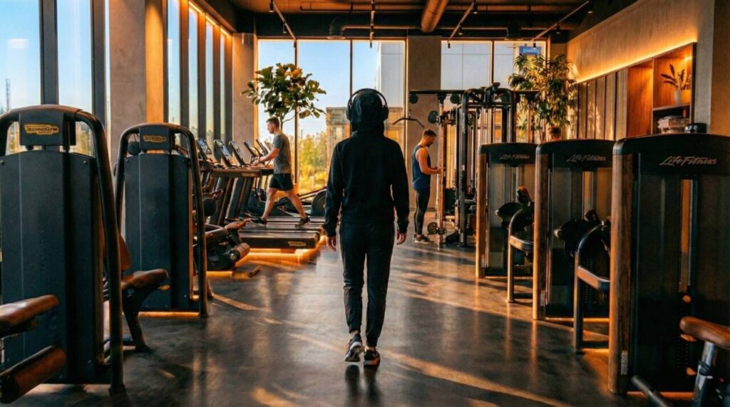 ジム内を落ち着いて歩き、マシンに向かう初心者のイメージ