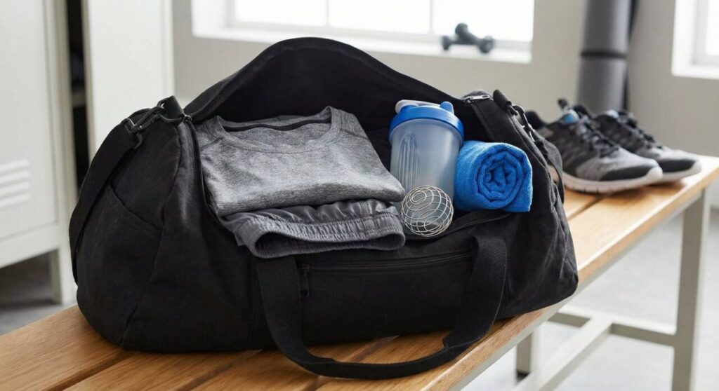 黒いダッフルバッグ。中には畳まれたグレーのトレーニングウェア上下、青い蓋の透明なシェーカーボトル、丸められた青いタオルが入っている画像