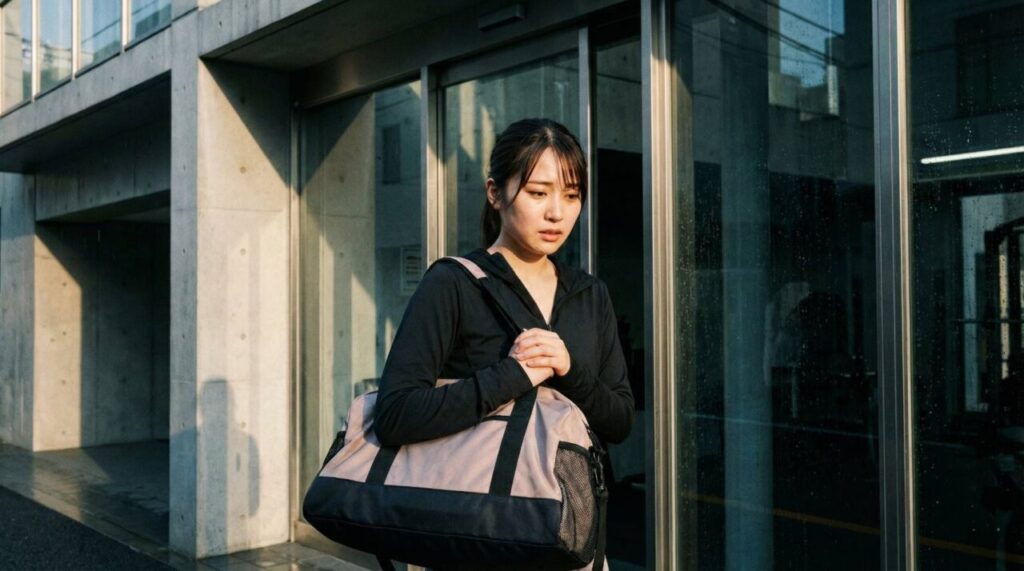 ジムの入り口の前で不安そうな表情を浮かべる初心者の日本人女性