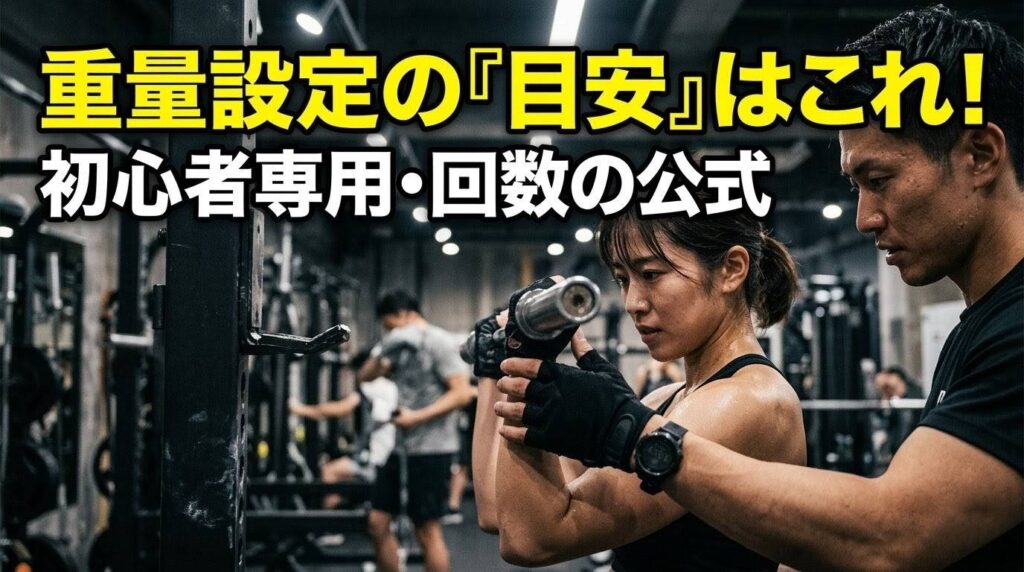 ジムでバーベルトレーニングをする女性とそれを指導する男性トレーナー。画像上部には黄色と白の文字で「重量設定の『目安』はこれ！ 初心者専用・回数の公式」と書かれている。