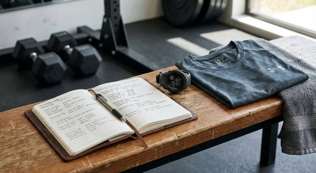 ジムの木製ベンチに置かれたトレーニングの持ち物。手書きの記録が並ぶ開いたスケジュール帳とペン、スポーツ用の腕時計、綺麗に畳まれたグレーのトレーニングウェア、そしてタオルのクローズアップ。