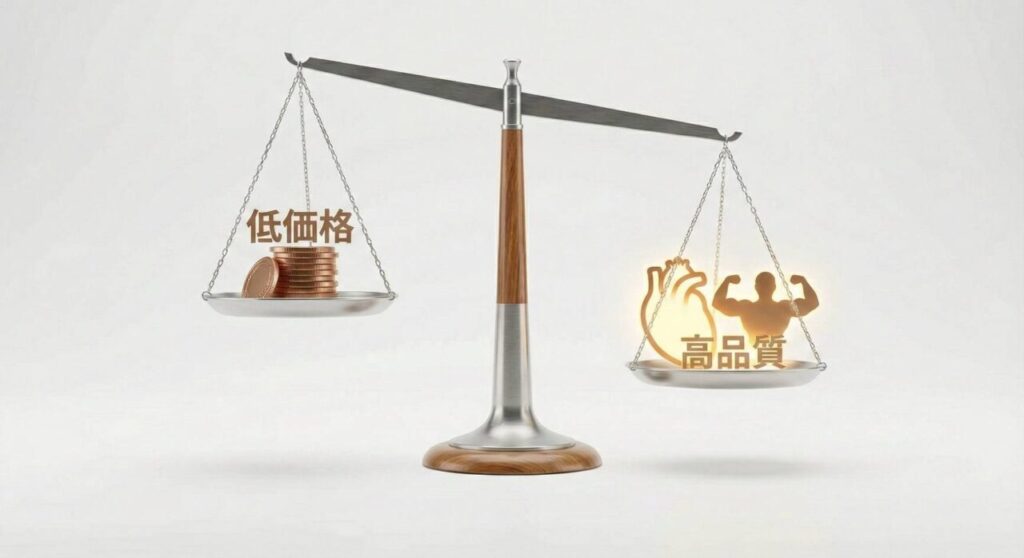 安すぎるパーソナルジムのリスクとサービスの質のバランスを示すイメージ