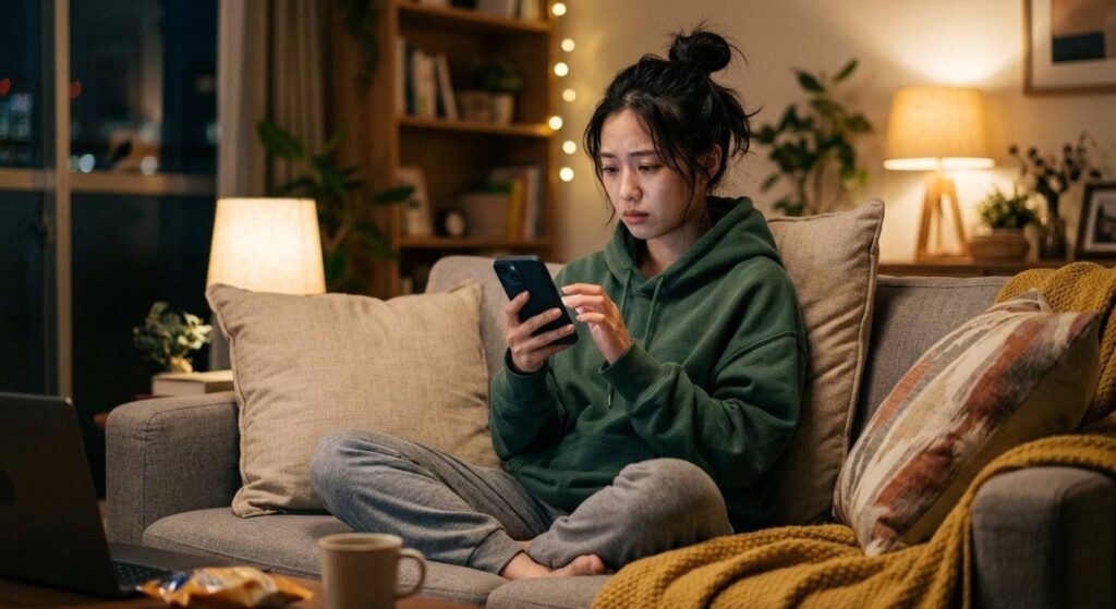 スマホで沢山のパーソナルジムを調べて迷っている女性
