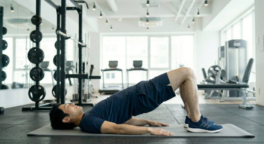 膝に負担をかけずに、正しいフォームのヒップリフトでもも裏とお尻を安全に鍛える男性の画像