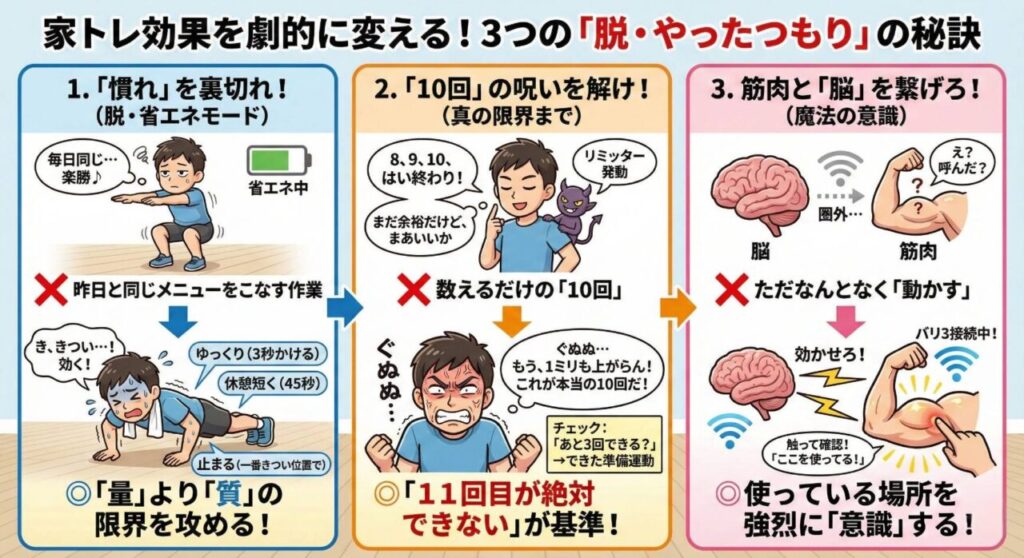 家トレ効果を劇的に変える！3つの「脱・やったつもり」の秘訣を図解したインフォグラフィック。

「慣れ」を裏切れ：毎日同じメニューによる身体の省エネ化（マンネリ）を防ぎ、スロートレーニングや休憩短縮で「質」の限界を攻める重要性。

「10回」の呪いを解く：回数を数える作業をやめ、「11回目が絶対に上がらない」状態を本当の10回（オールアウト）と定義するプロの基準。

筋肉と「脳」を繋げろ：ただ動かすのではなく、使っている筋肉を強烈に意識（マインドマッスルコネクション）し、手で触れて効かせる魔法の意識改革。

これらを初心者にわかりやすいNG例とOK例のイラスト対比で解説。