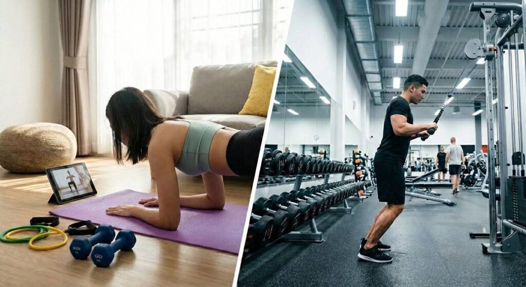 「家トレ」と「ジムトレ」の比較画像。左は自宅でプランクをする女性、右はジムのケーブルマシンで鍛える男性。