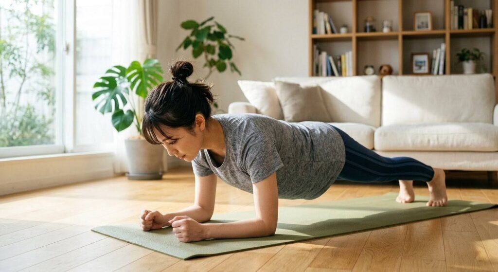 自宅のヨガマットで筋トレを始める女性
