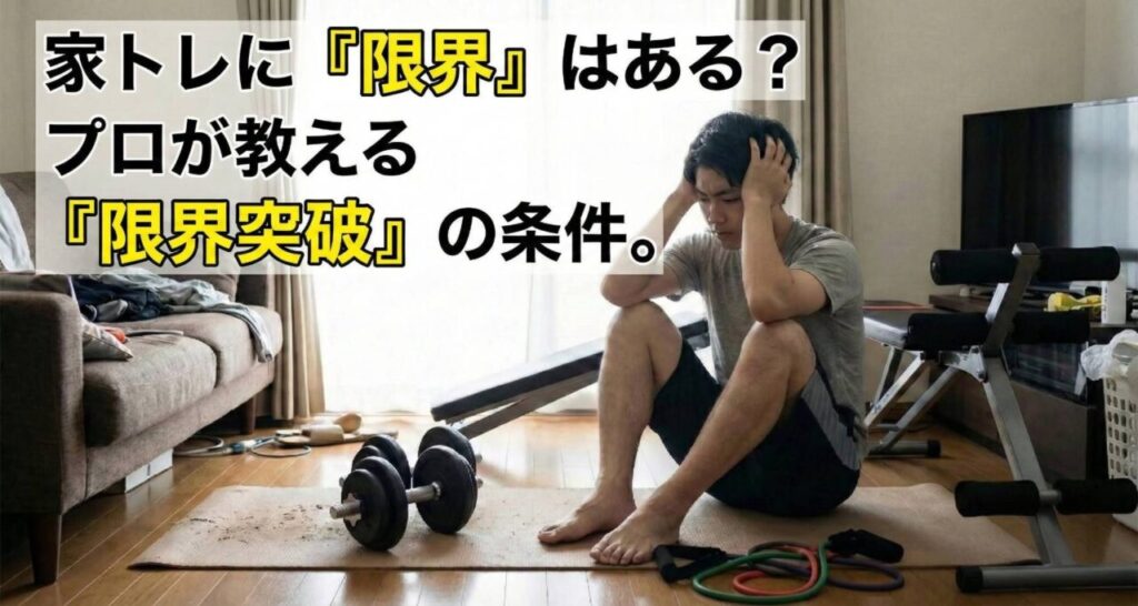 自宅でダンベルの前で頭を抱える男性。「家トレに『限界』はある？プロが教える『限界突破』の条件。」