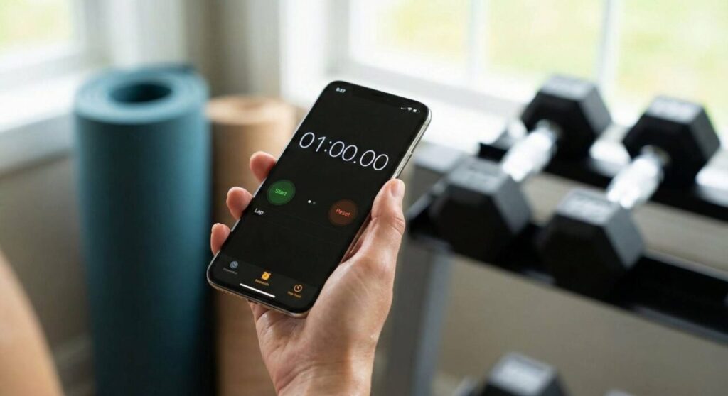 ホームジムで休憩時間を正確に計るために、ストップウォッチとしてスマートフォンを活用している様子。