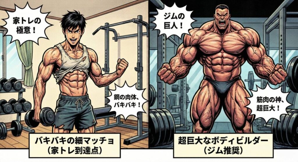 アメコミ・漫画風の比較イラスト。左側には「家トレ到達点」として、自宅でトレーニングするバキバキに引き締まった細マッチョの男性。右側には「ジム推奨」として、ジムの器具を背景にした超巨大でパワフルなボディビルダーの男性が描かれています。両者とも力強いポーズをとっており、日本語の吹き出しでそれぞれの特徴が強調されています。