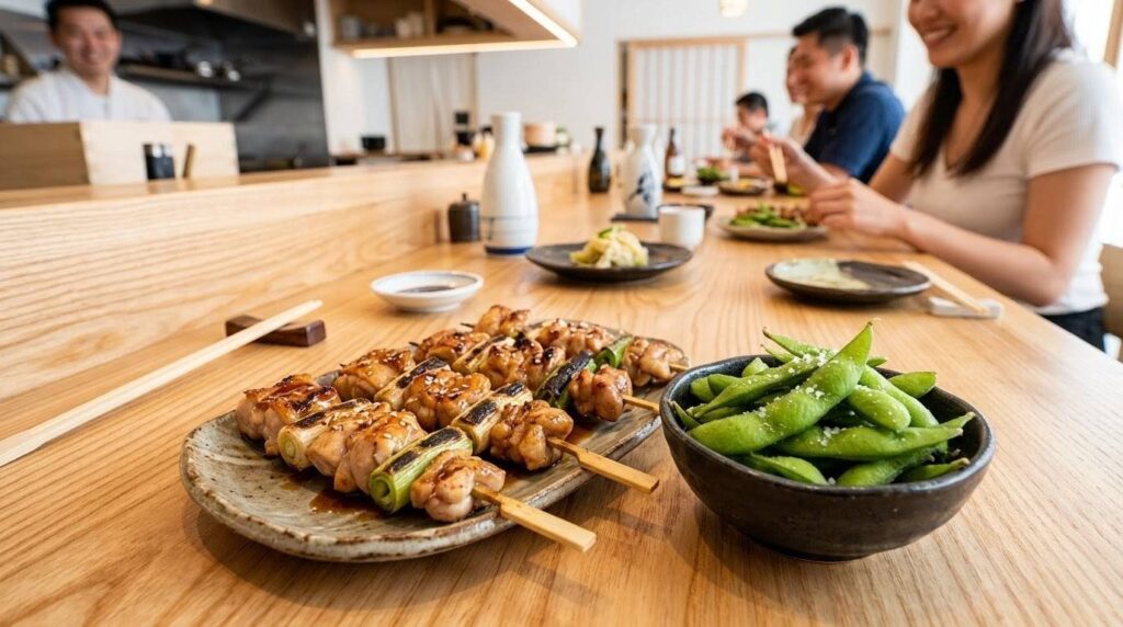 居酒屋での高タンパクな筋肉飯(焼き鳥と枝豆)